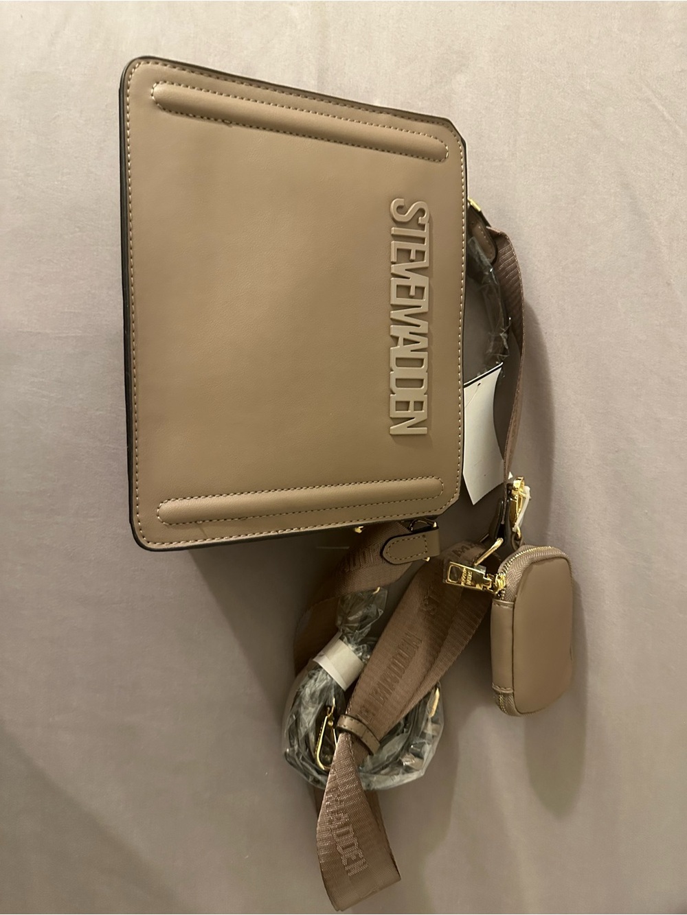 Steve Madden Taupe Bevelyn Logo Crossbody with Wide Strap